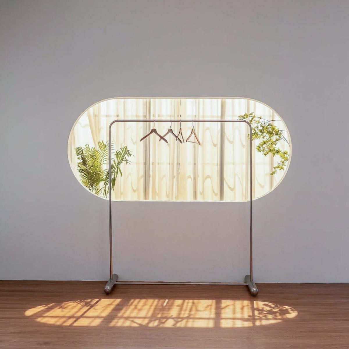 Room B - Giá treo quần áo chụp lookbook bên cửa sổ oval